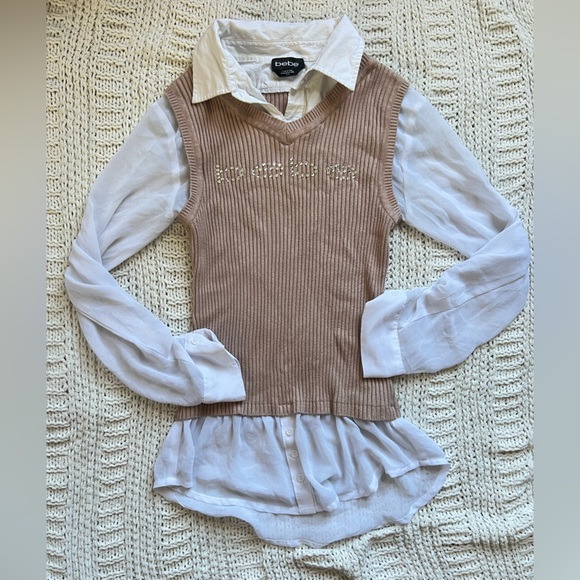 bebe Tan and White Layered Blouse - Picture 1 of 1